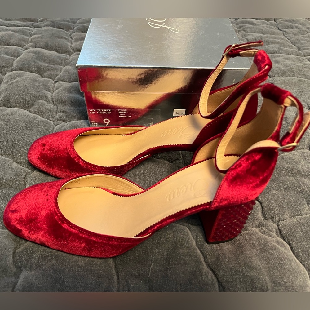 NIB J. Crew Velvet Crystal Maisie Heel - Deep Ruby - 9